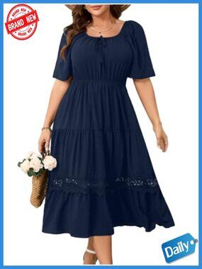 Plus Size Maxi Dress Short Sleeve Square Neck Smocked Sundress Casual Beach